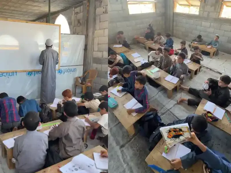 Gazze'deki Kur'an-ı Kerim Okulu'nda eğitim gören yetim öğrenciler ve sınıf içi eğitim anı